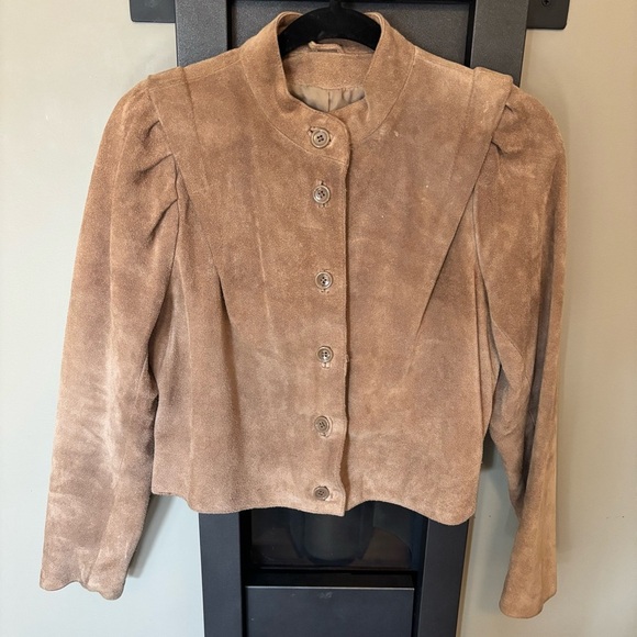 le soleil Jackets & Blazers - Vintage Le Soleil Suede Jacket Tan Puff Shoulder 80s Cropped Button Front